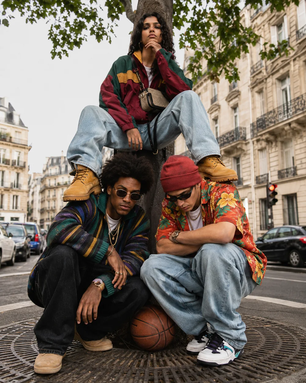 Campagne de mode urbaine avec trois jeunes adultes dans une rue française