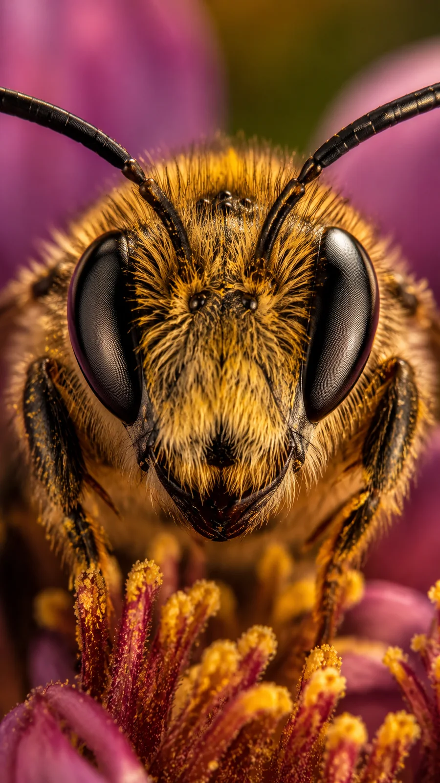 Macrophotographie créative d'une abeille sur une fleur rose